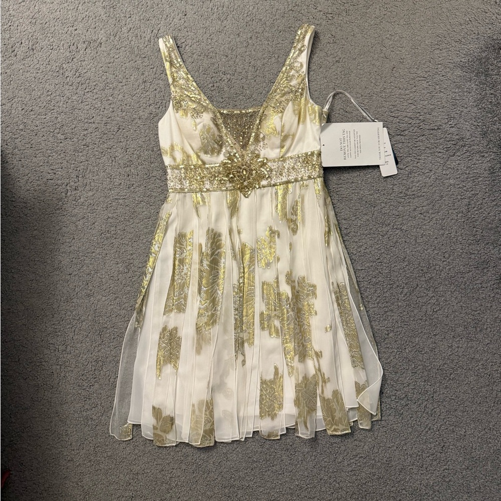 Sue Wong Gold and White Embellished Dress